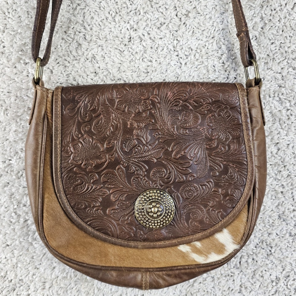 Tooled Leather White Hair Cowhide Messenger Crossbody Purse Bag Western Style